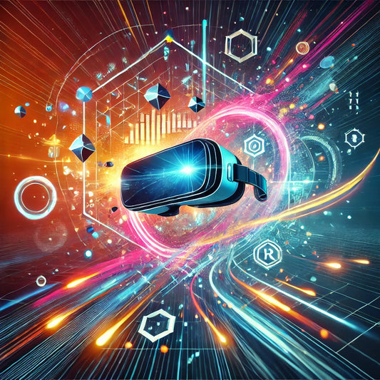 Creative and vibrant image representing the immersive experience of VR, featuring neon lights, futuristic design, and abstract elements like floating geometric shapes and light trails, highlighting the excitement and innovation of VR technology.