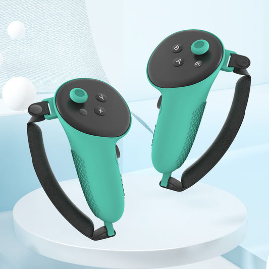 Pair of green VR controller grips with black buttons and wrist straps