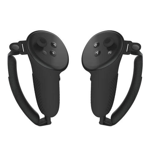 Pair of black VR controller grips with buttons and wrist straps