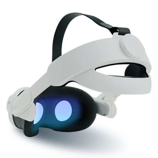 White VR headset with adjustable black strap, black padding, and blue-lit lenses